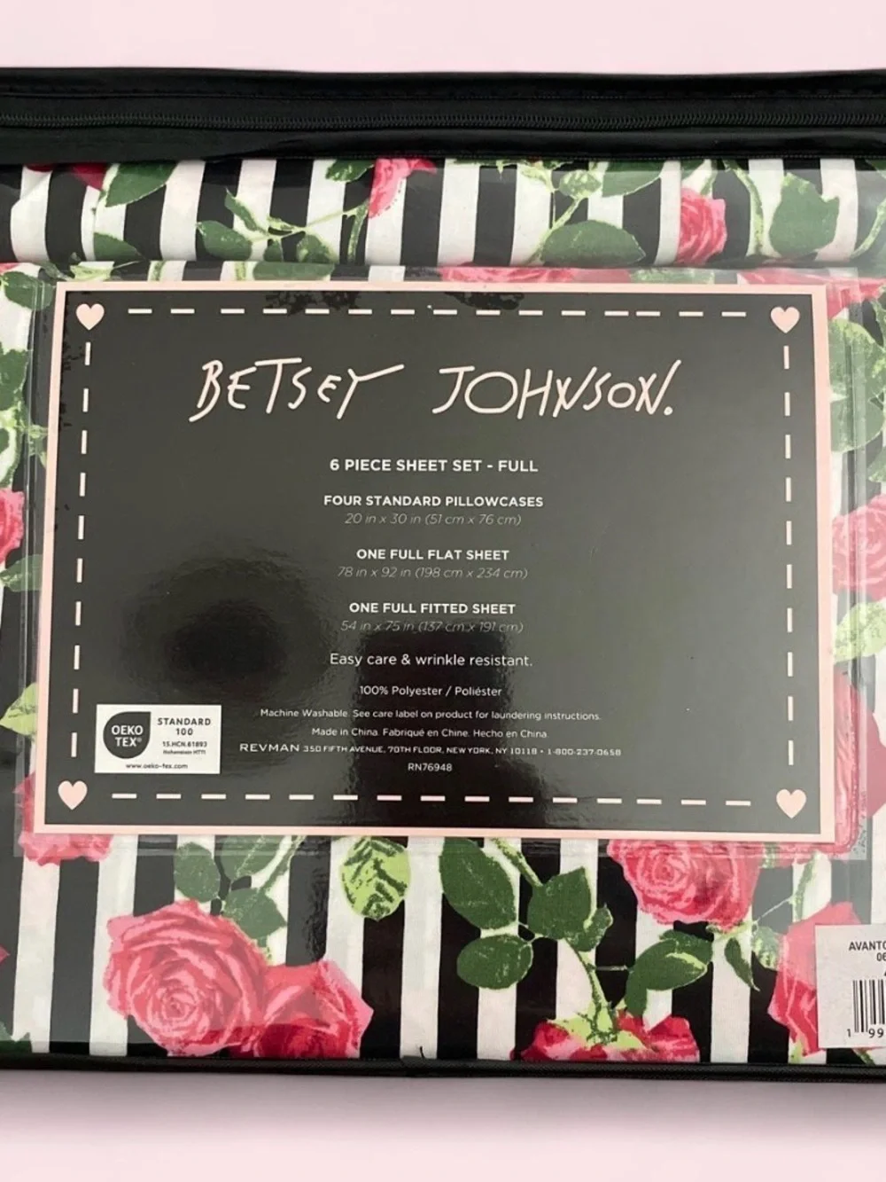 Betsey Johnson Black & White Stripe Sheet Set with Pink Rose Print